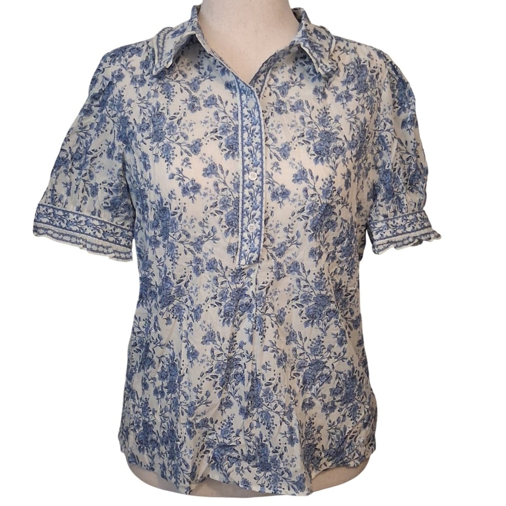 NEW Max Studio London Blue Floral Toile Cotton Puff Sleeve Blouse L Travel Boho